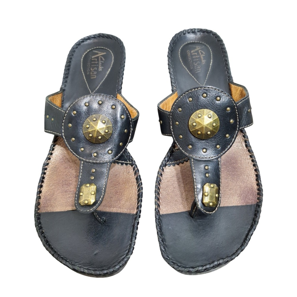 Clarks Artisan Black Leather Wedge Thong Sandals Studded Boho Women's 8M 87260